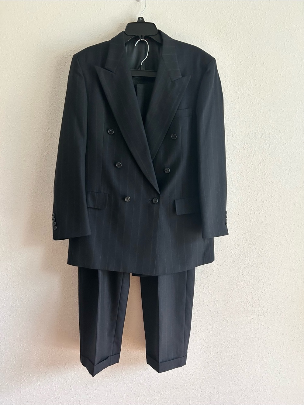 VTG Hart Schaffner Marx Suit 42R Pants 36x30 Blue Wide Pinstripe Wool Blend '90s